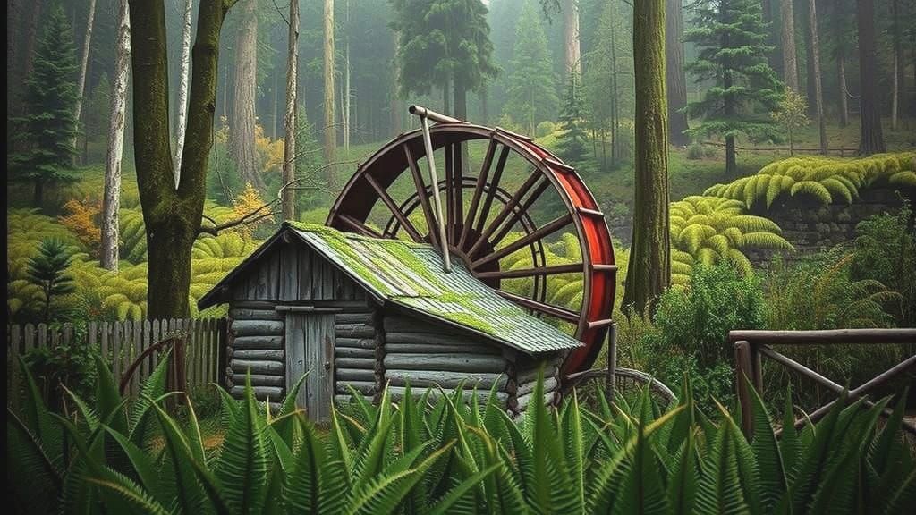 Vintage Waterwheel Amidst Wilderness Cabin