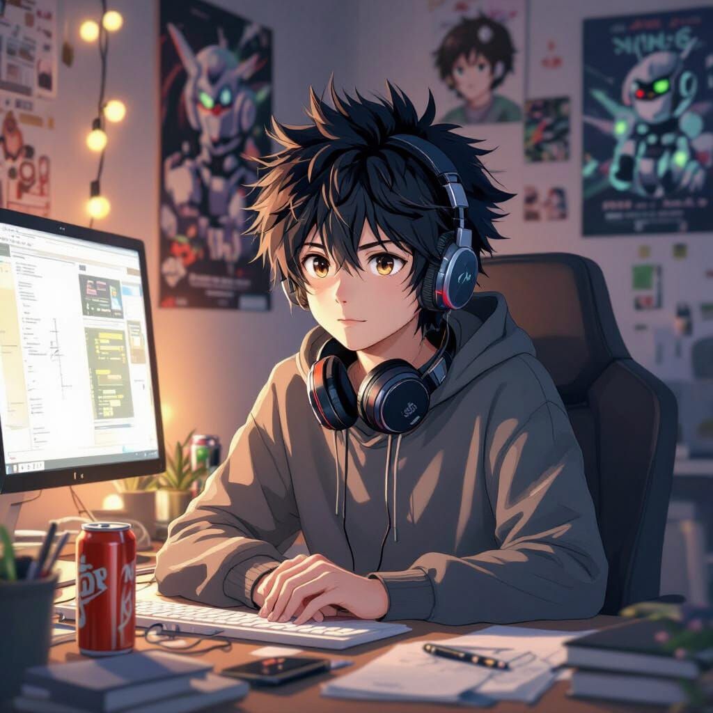 Anime Portrait: Teenager in Cozy Bedroom