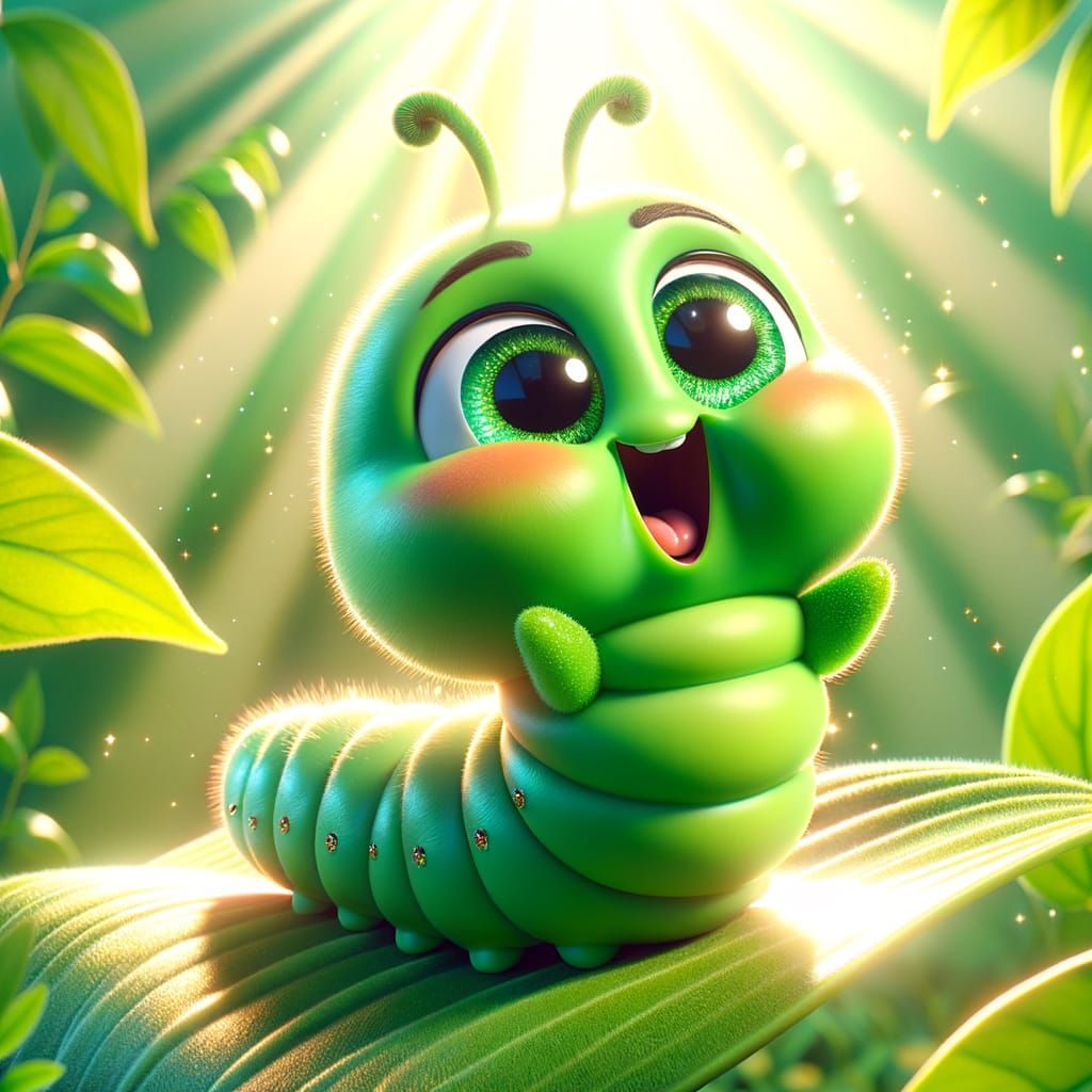 Joyful Green Cartoon Caterpillar Bouncing on Leaf