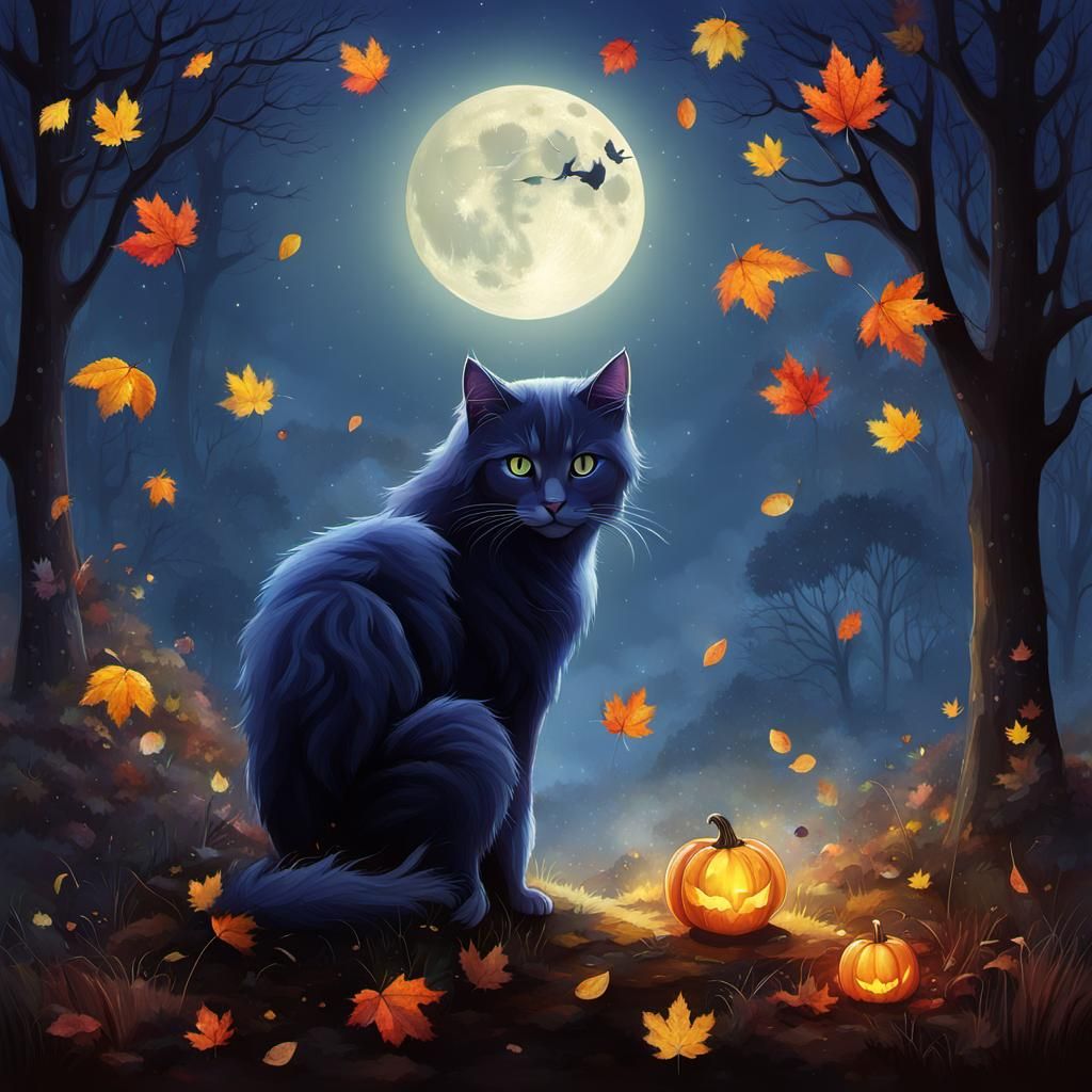 Mystical Autumn Cat in Moonlight Twilight