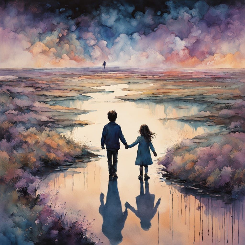 Surreal Father-Daughter Duo Navigates Dreamlike Landscape