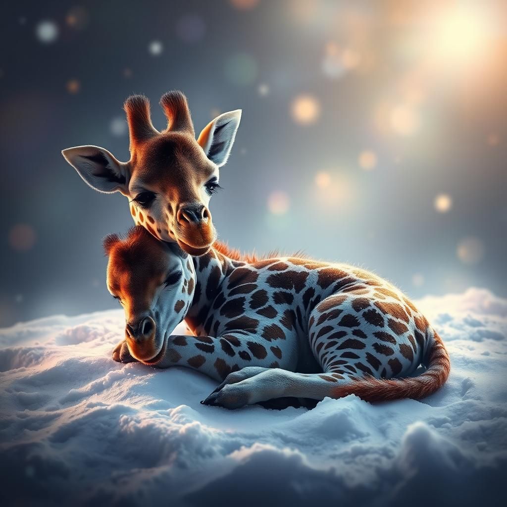 Baby Giraffe Sleeping in Snow: Hyperrealistic Splash Art