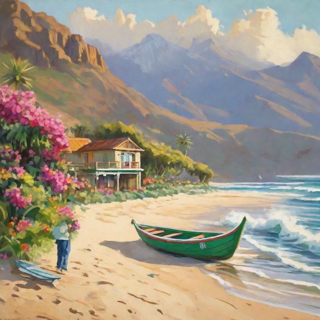 Mexican Beach Villa: Gouache Painting in Folk Art Style