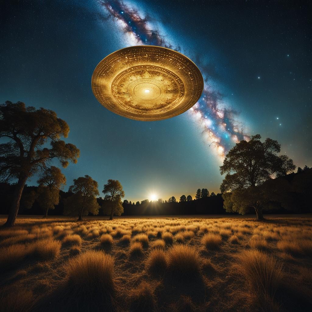 Golden Nebra Sky Disc in Surreal Landscape