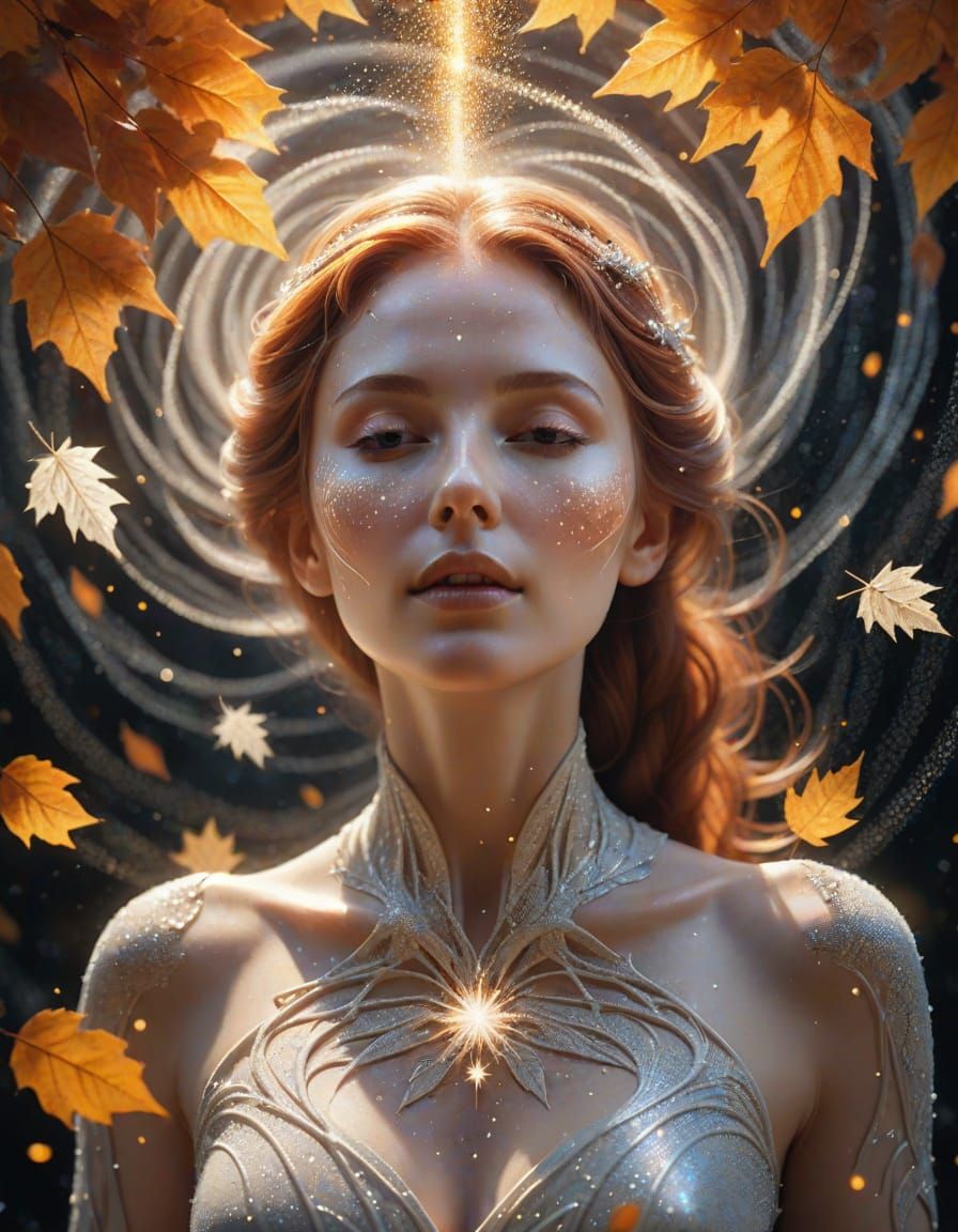 Ethereal Woman Amidst Whirling Star Dust and Autumn Leaves