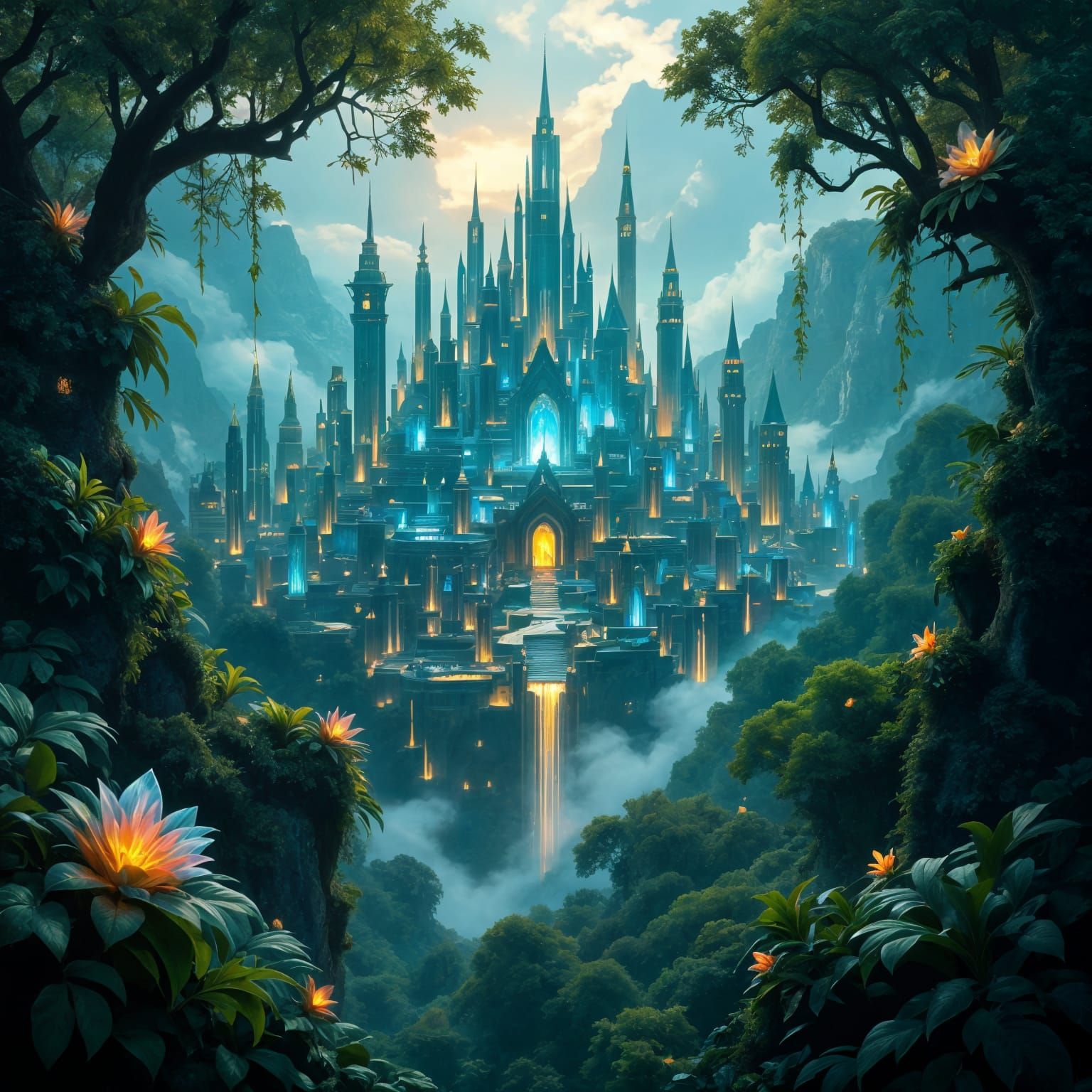 Enchanted Elven City in Forest: Digital Matte Painting