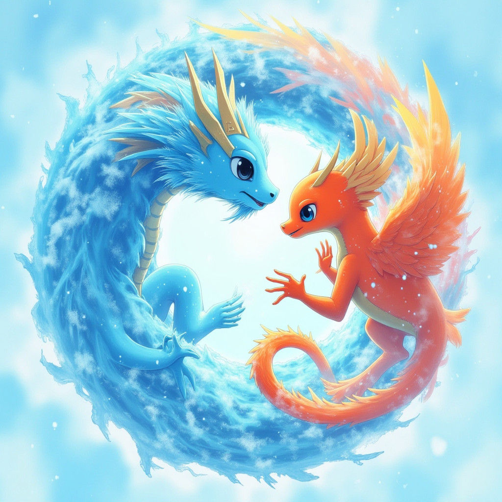 Dragon and Phoenix Yin Yang in Dreamlike Style