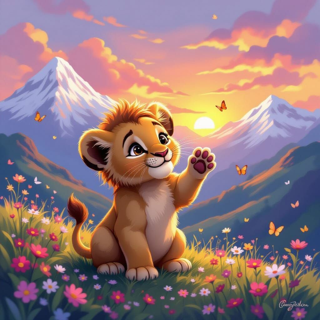 Cute Lion Cub Peace Sign at Tropical Sunset