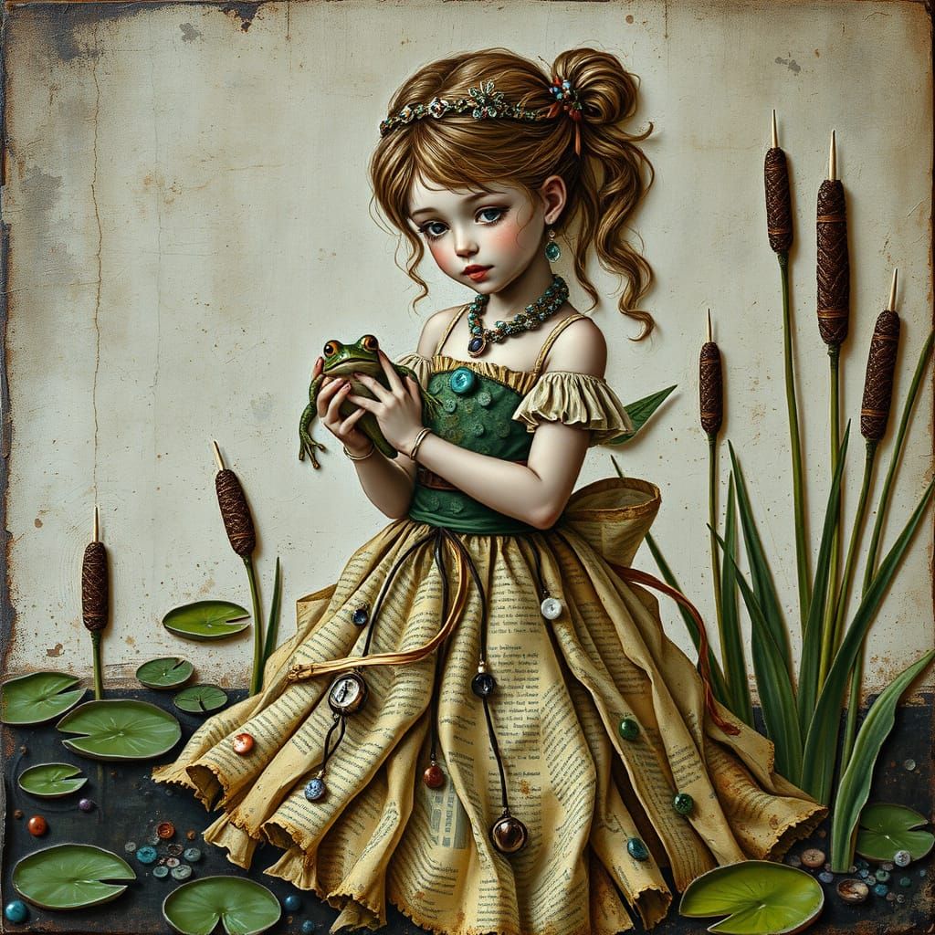 Grunge Princess with Frog in Encaustic Mixed Media