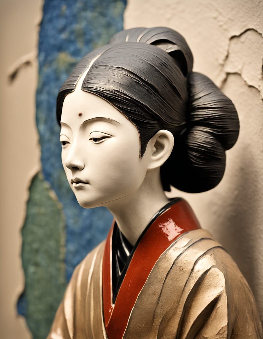 Serene Japanese Woman in Earthenware Clay