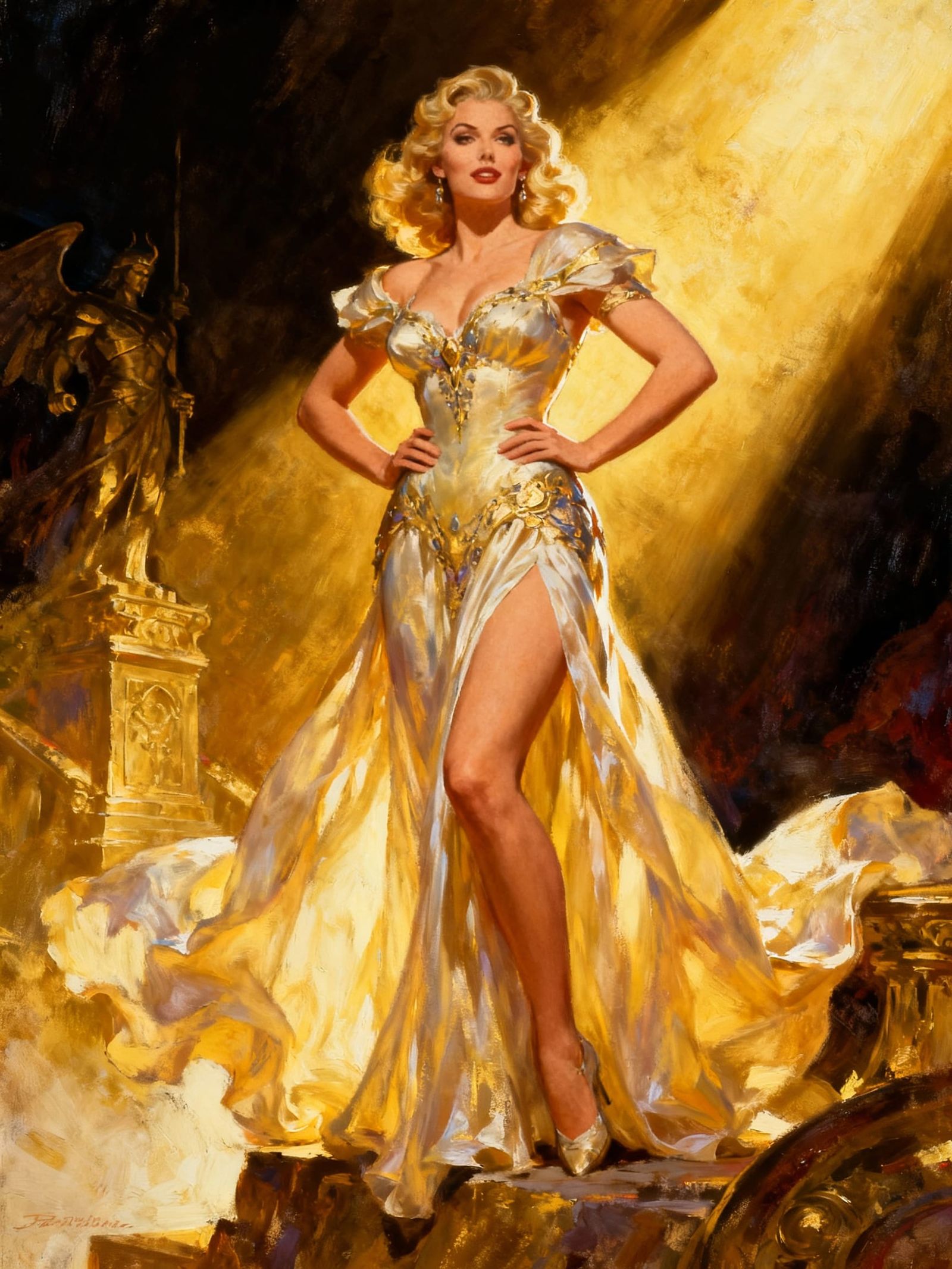 Golden Glamour Goddess in Heroic Portrait Style