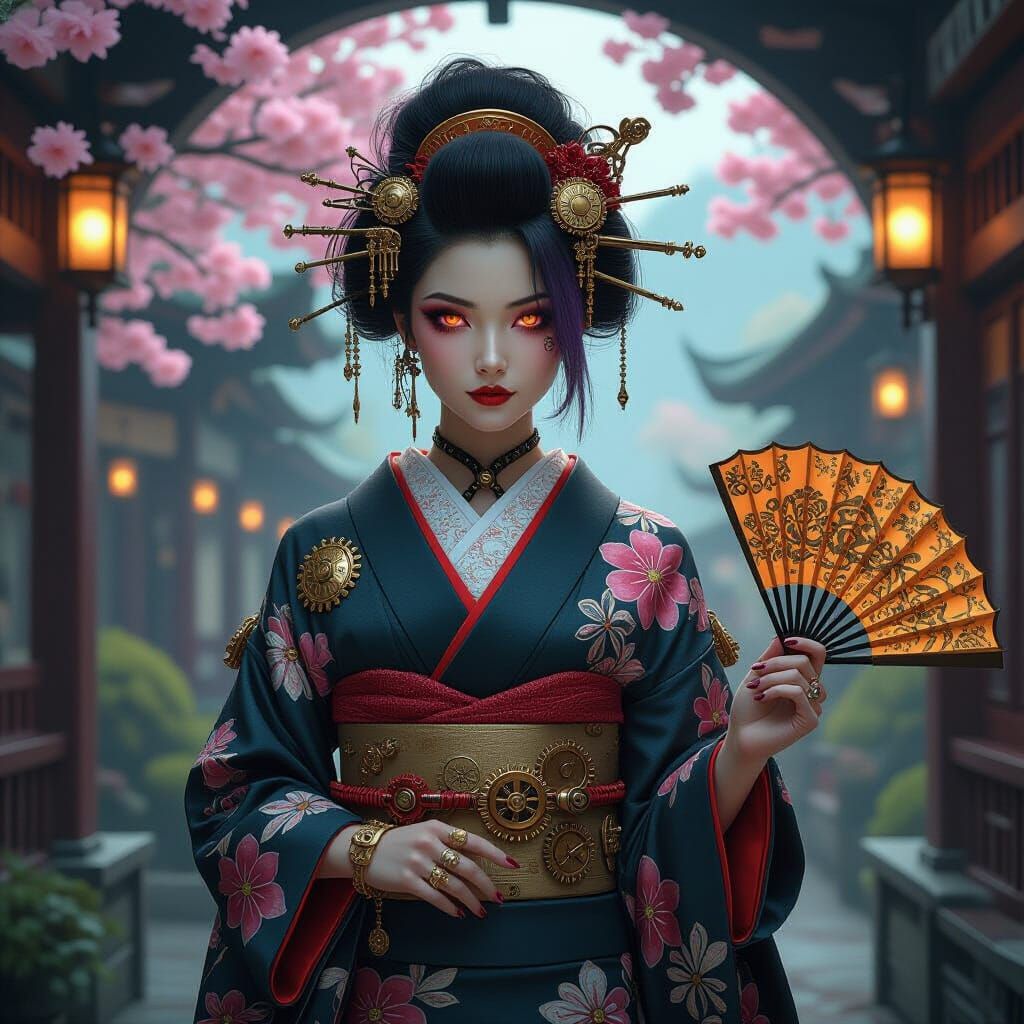 Steampunk Geisha with Clockwork Fans and Neon Hair