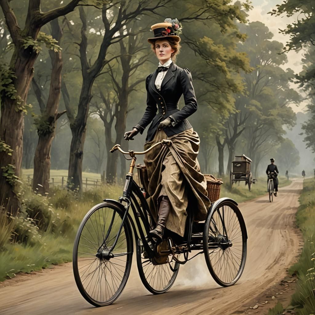 Edwardian Lady Rides Penny-Farthing in Steampunk Style