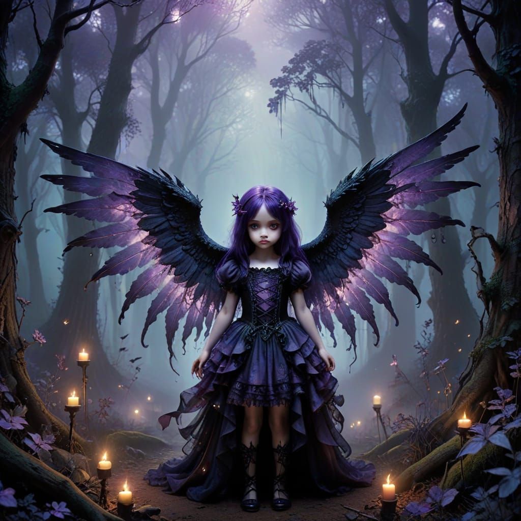 Gothic Chibi Angel with Violet Eyes in Horrorcore Forest