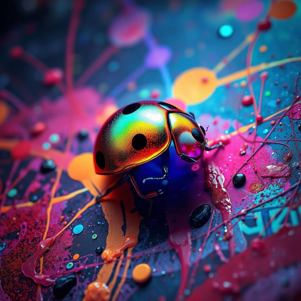Iridescent Ladybug in Surreal Graffiti Art