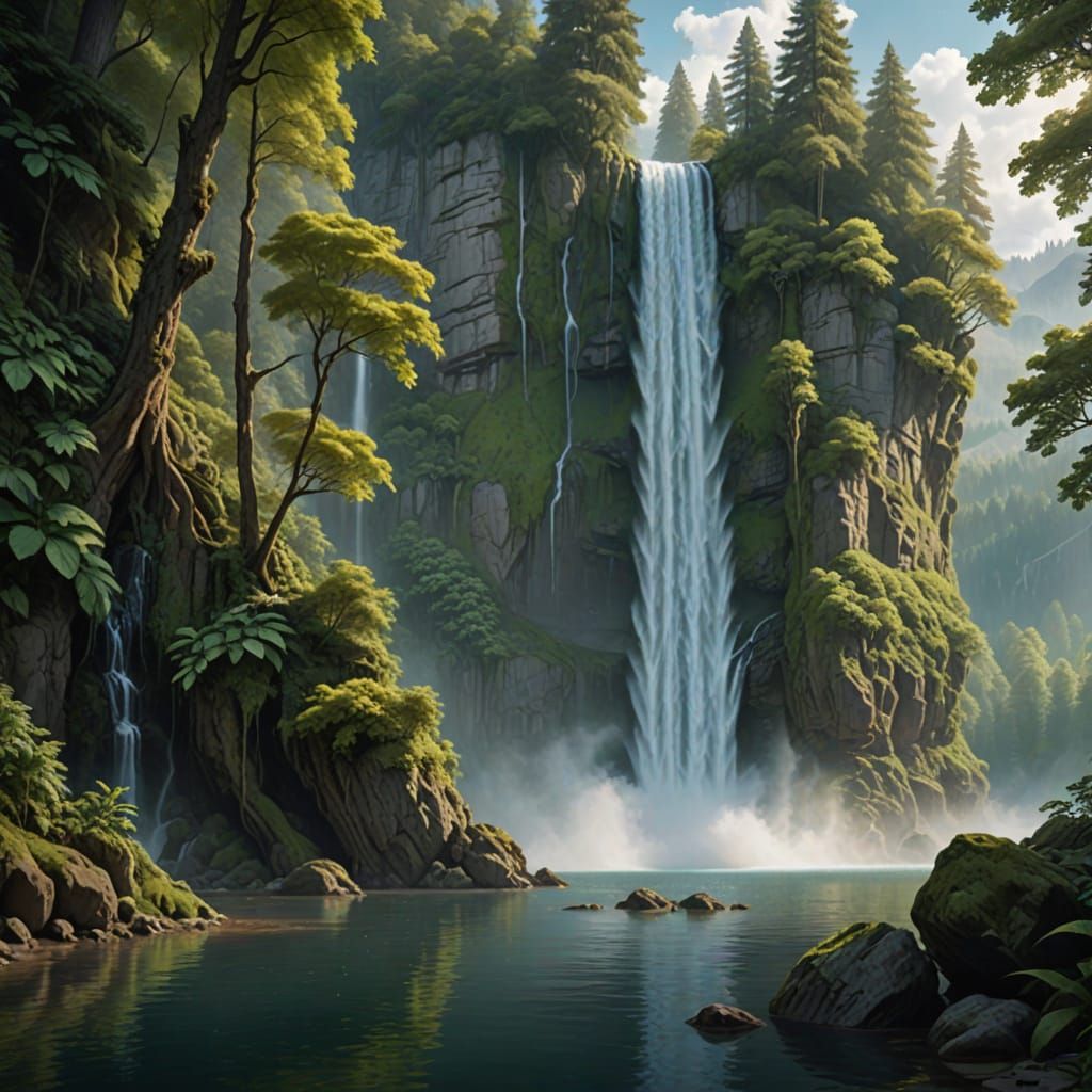 Hyperrealistic Waterfall Scene in Fantasy Concept Art Style