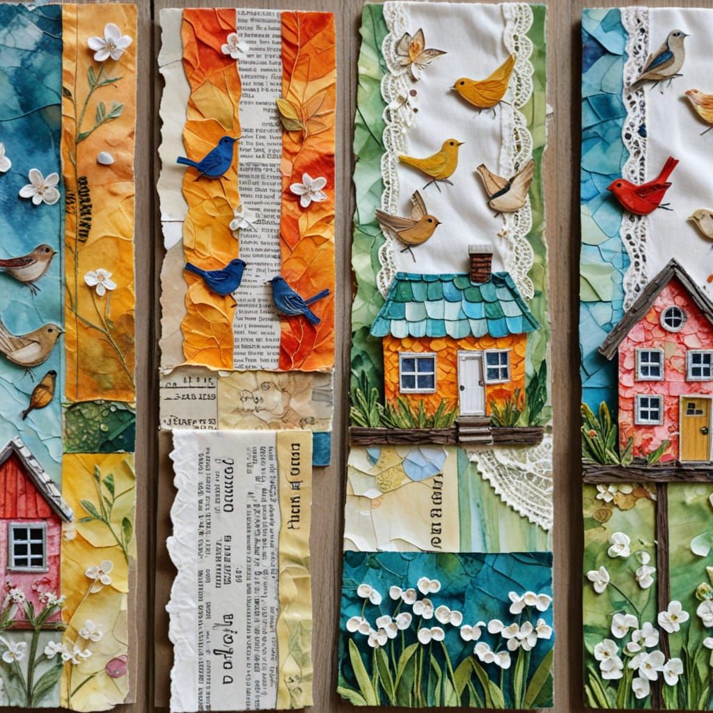 Vibrant Mixed Media Collage of Whimsical Birdhouses and Tiny...