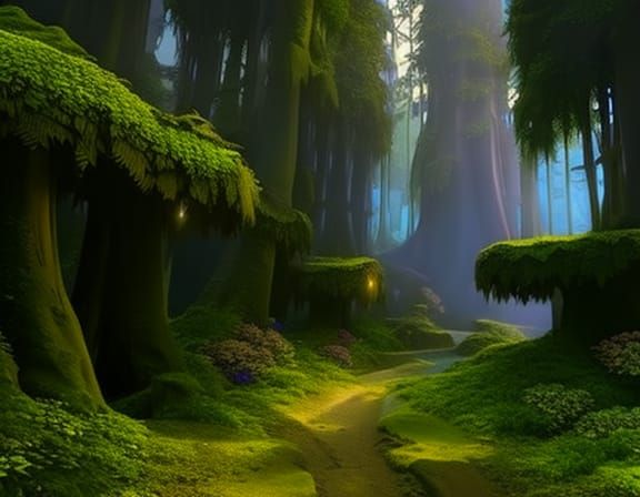 Mystical Forest with Giant Ferns and Blue Flowers