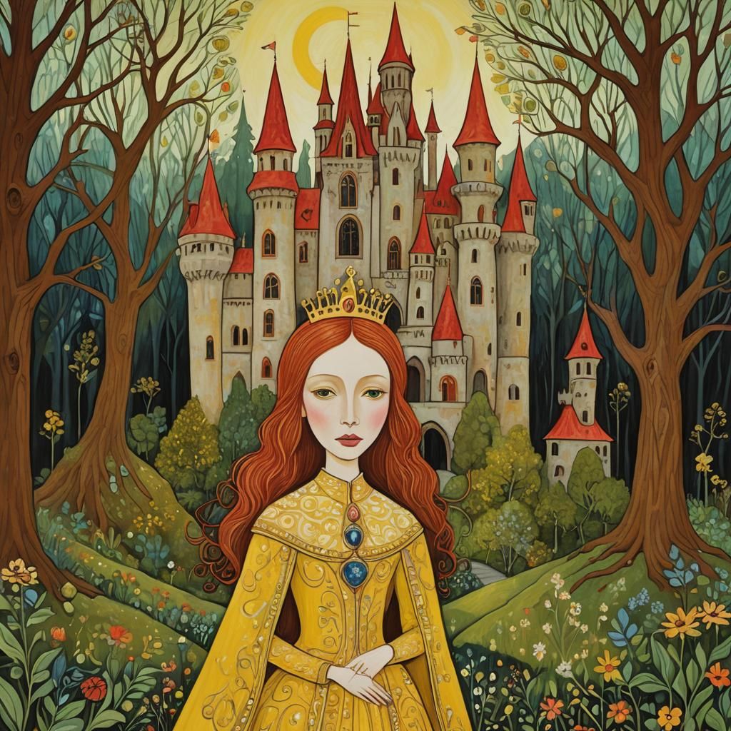 Ethereal Fairytale Queen in Naive Art Brut Style