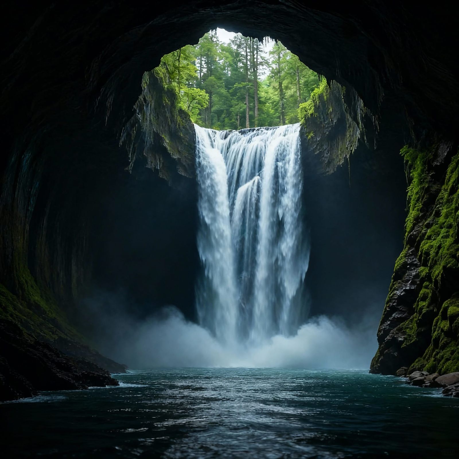 waterfall runs into cavern