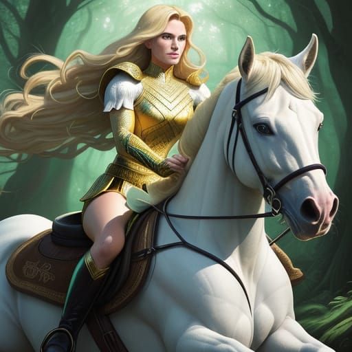 Blonde Woman Riding Horse in Forest Comic Art