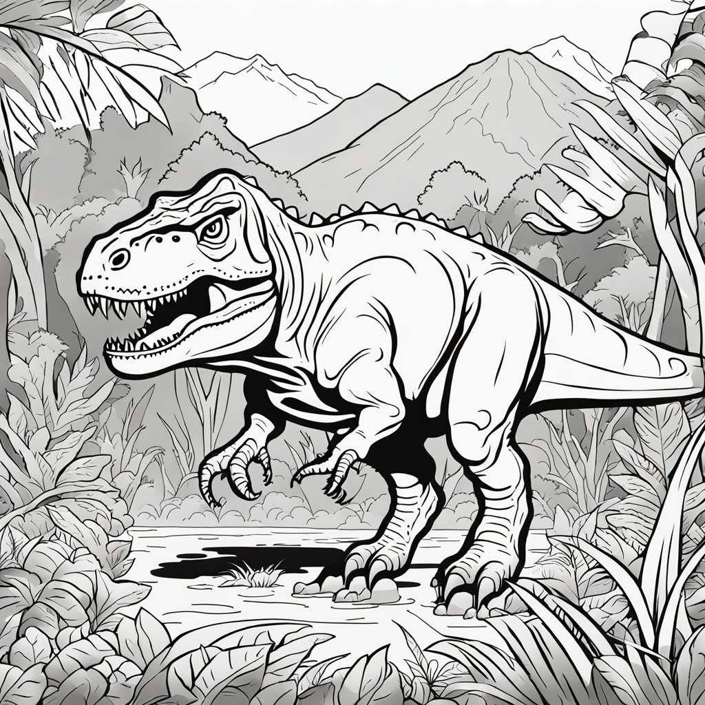 T-Rex Jungle Scene: Coloring Page for Kids