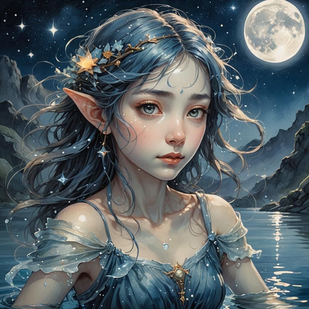 Sprite Dancing on Moonlit River: Fantasy Art