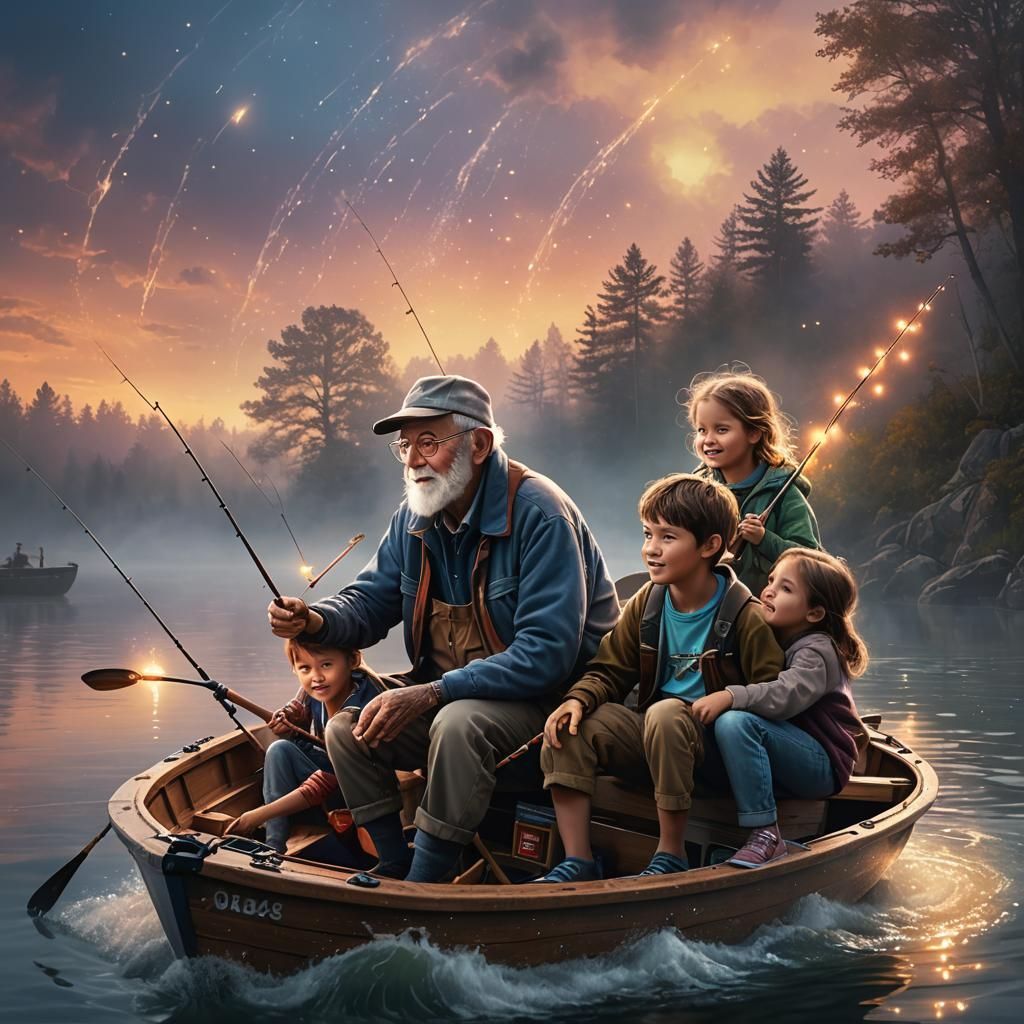 Grandfather Fishing with Grandchildren in Magical Light