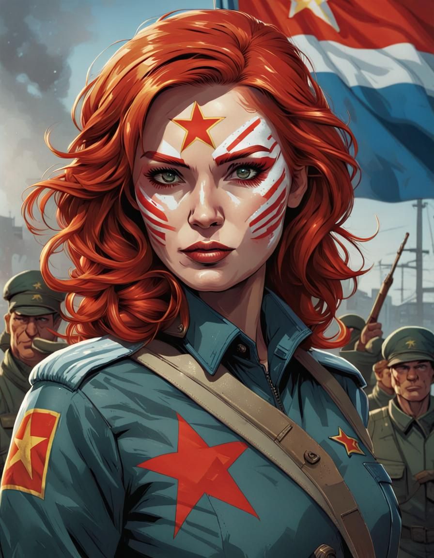 red haired russian woman wearing a communist flag printed outfit and communist flag printed face paint