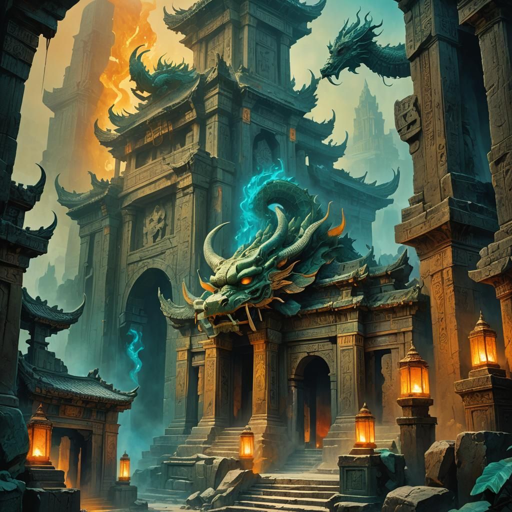 Mystical Temple Ruins with Dragons in Fantasy Art