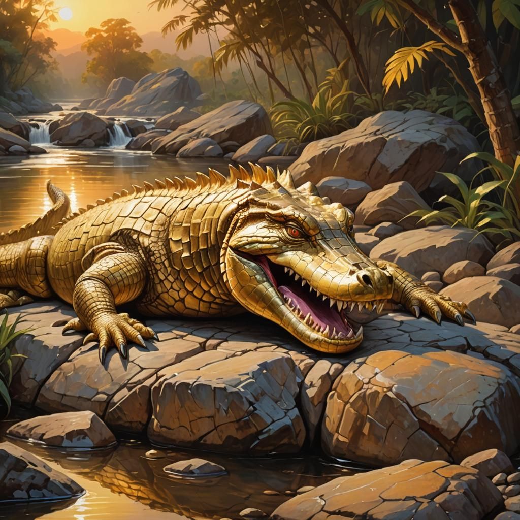 Golden Crocodile on Rocky Riverbank in Oil Painting Style