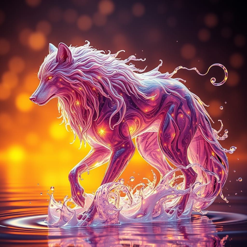 Ethereal Water Wolf in Whimsical Sunset Glow