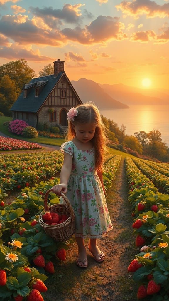 Girl Picking Strawberries in a Lush Farm Landscape
