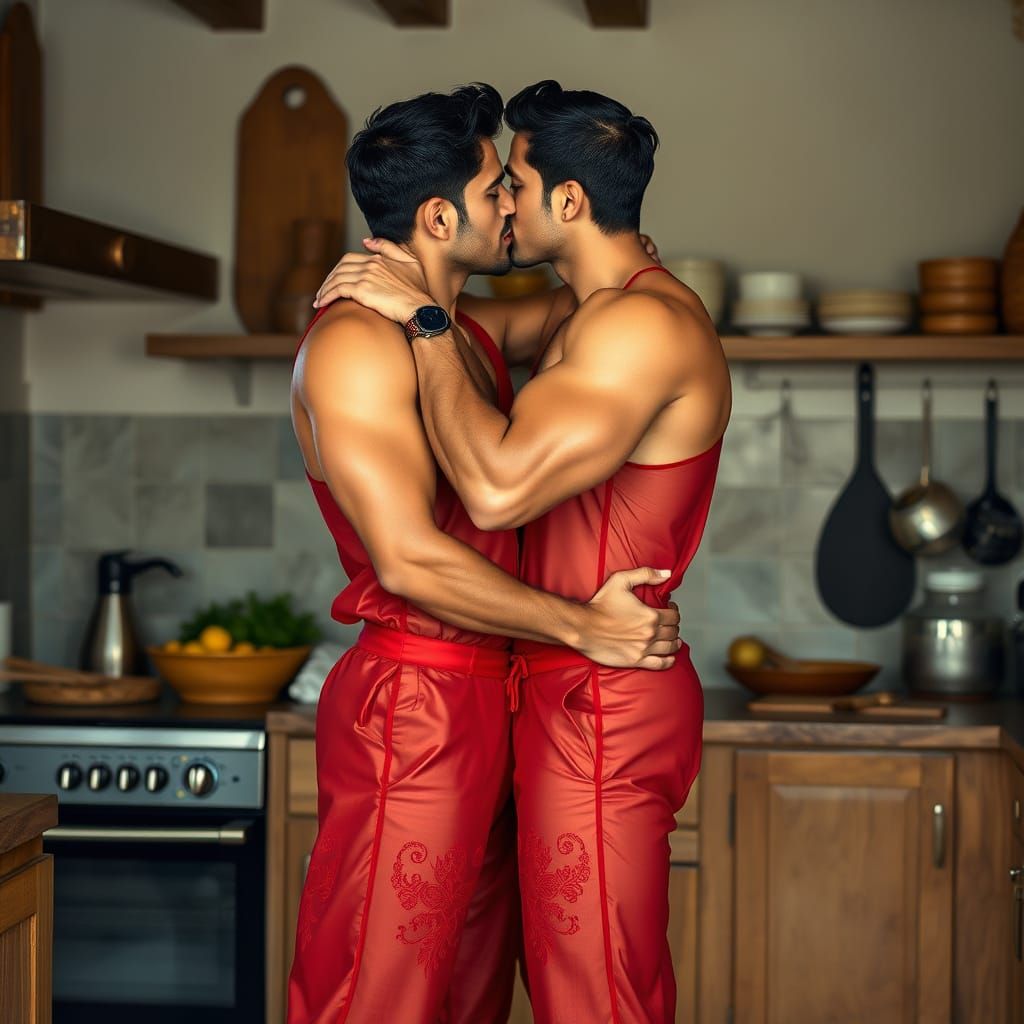 Two Indian Men Intimately Kissing in Kitchen