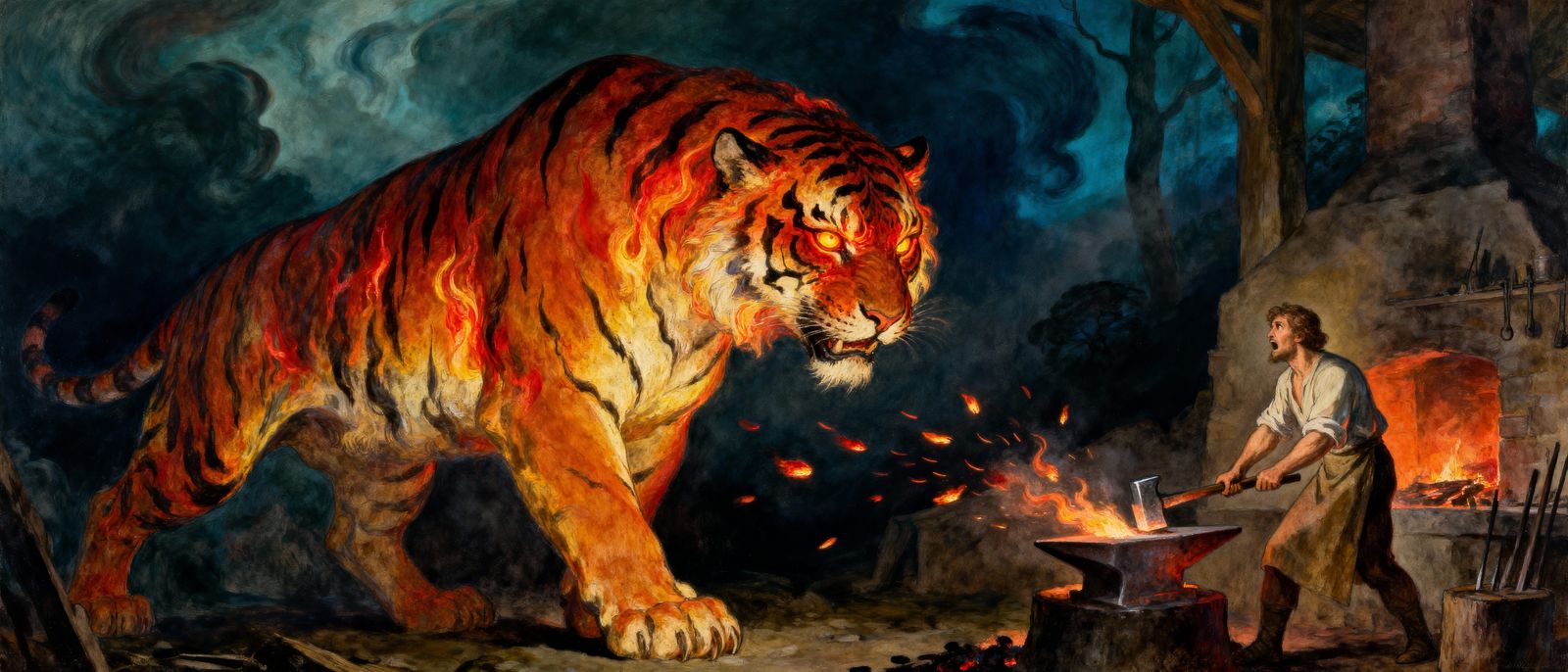 Colossal Fiery Tiger Overwhelms Blacksmith's Forge