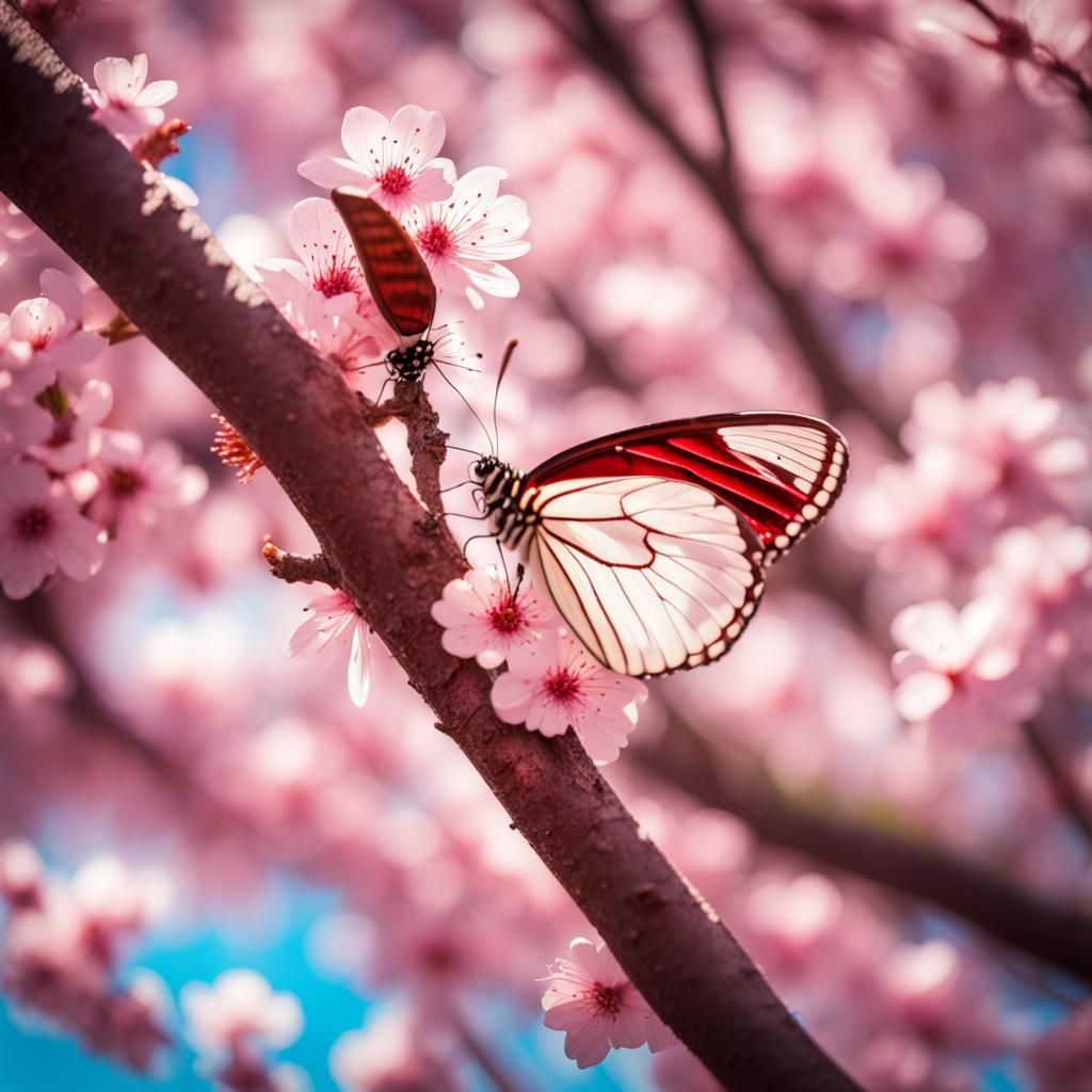 Garnet Butterfly on Cherry Blossom Tree