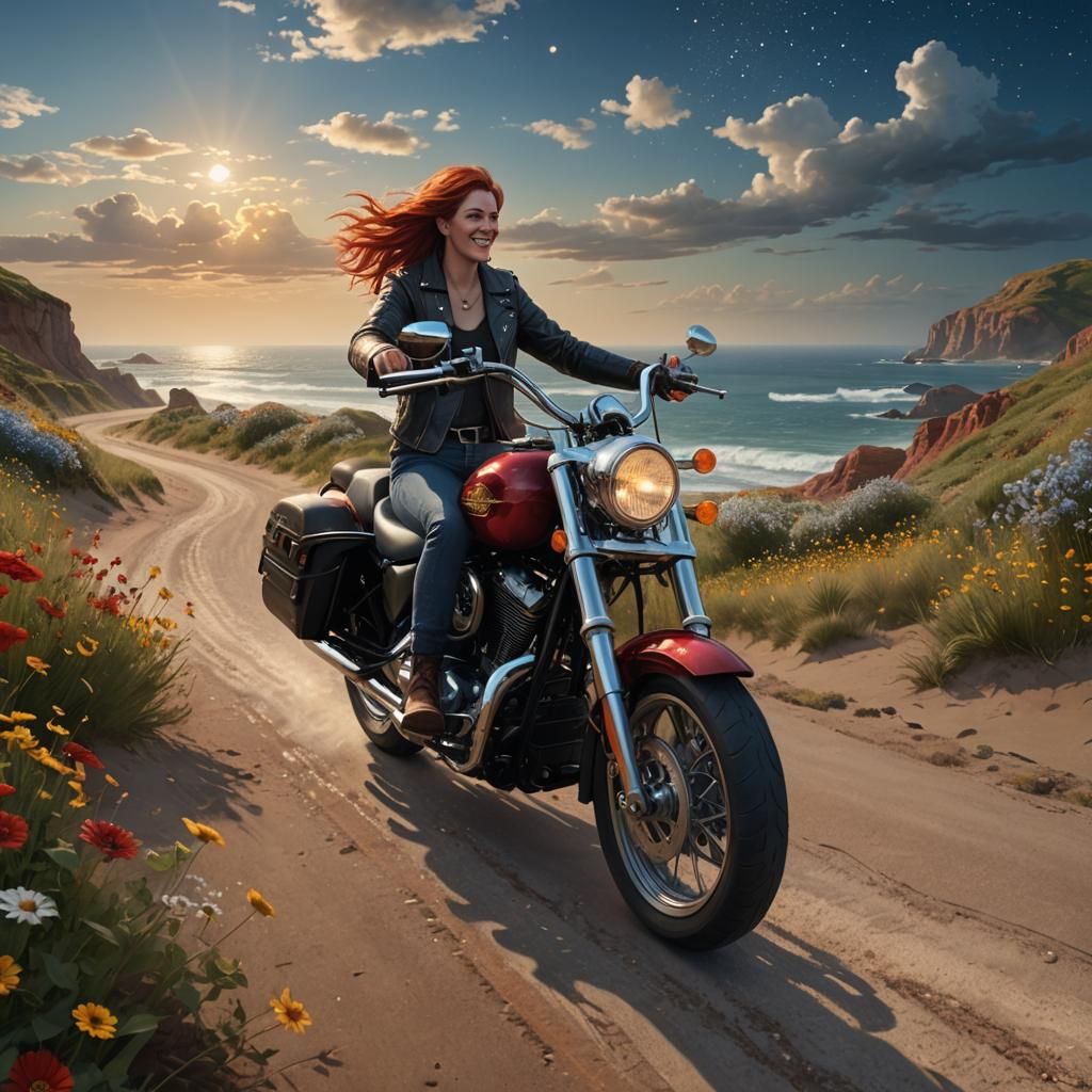 Woman Rides Harley Davidson Through Wildflower Field