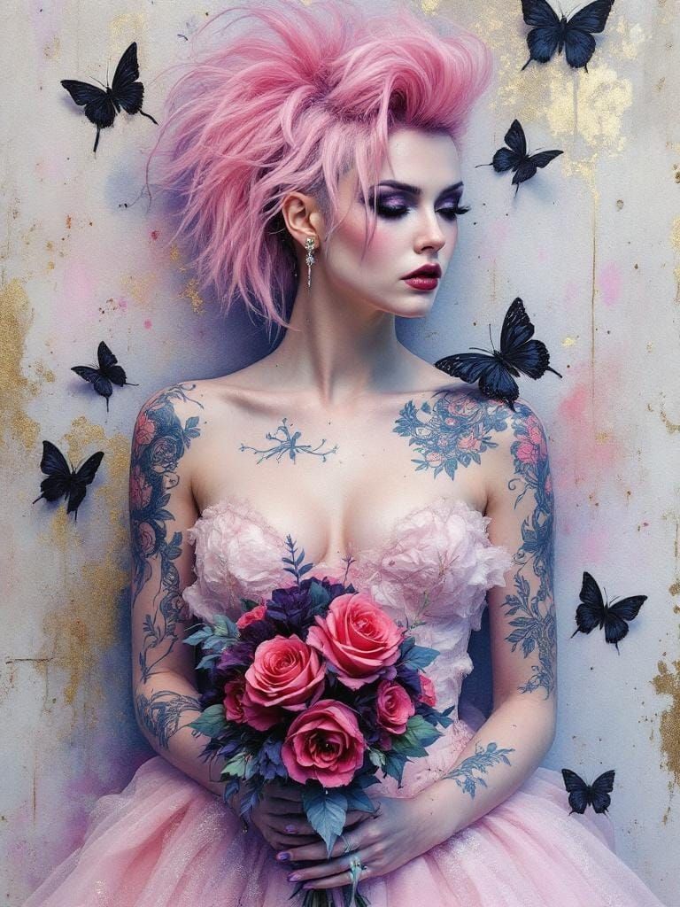 Punk Bride with Pink Mohawk and Rose Bouquet