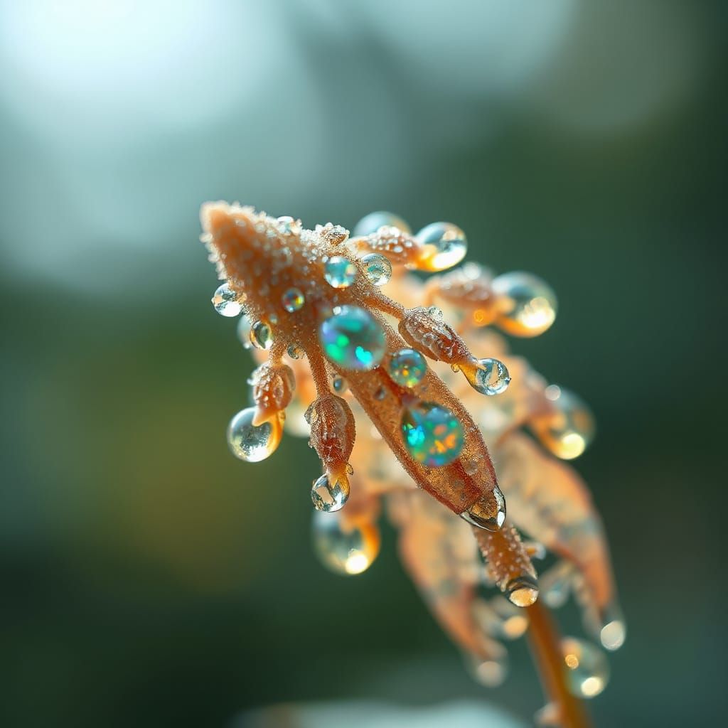Crystal Plant with Iridescent Raindrops in Fantasy Realism