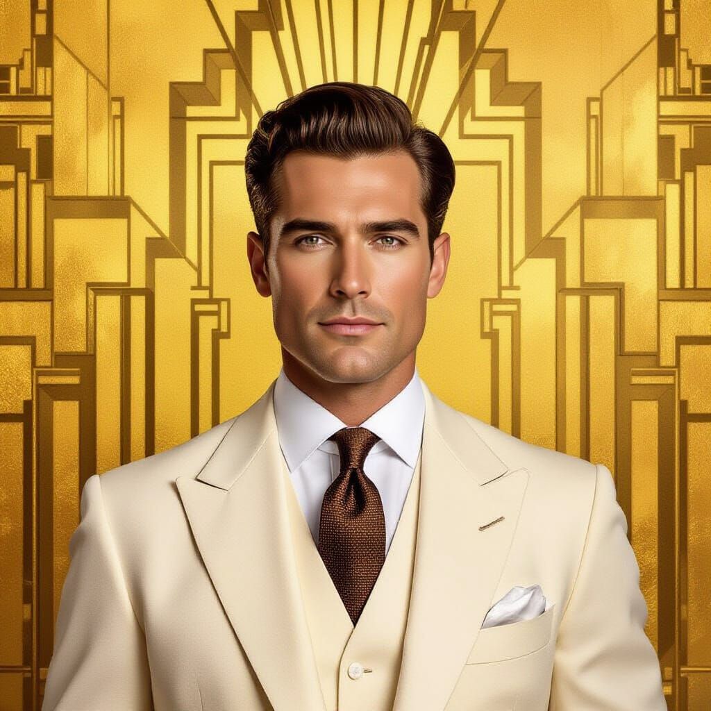 Art Deco Portrait: Gilded Man in Geometric Luxury