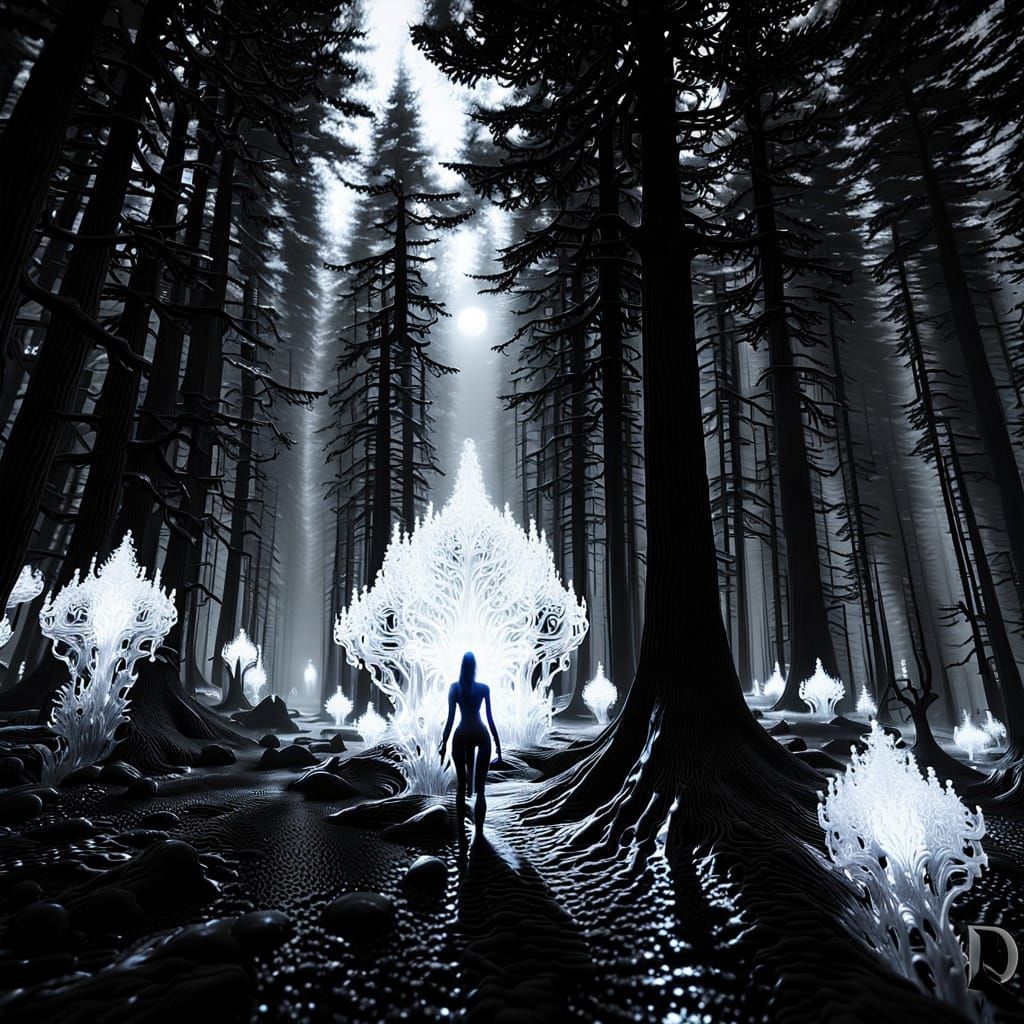 Ethereal Liquid Silver Goddess in Moonlit Forest