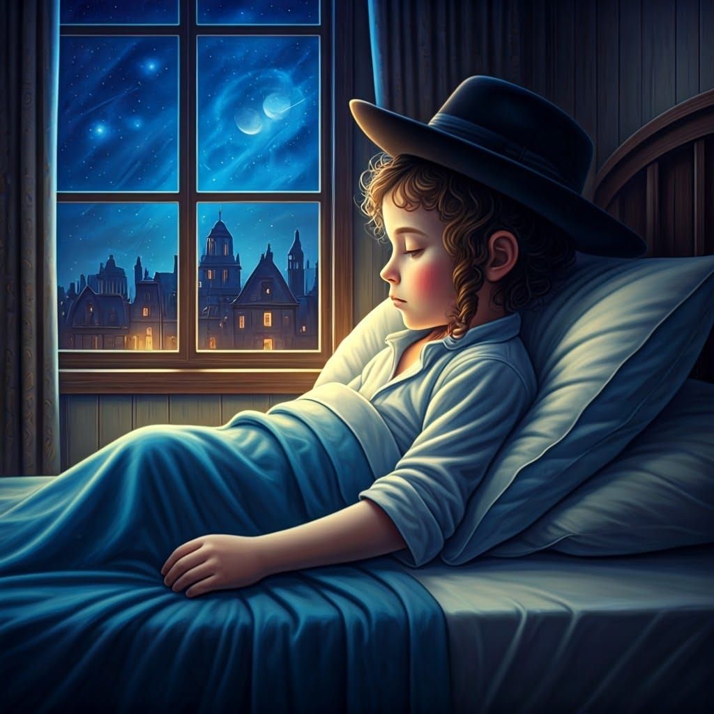 Hasidic Boy Sleeping Under Starry Moon, Hyperrealistic Art