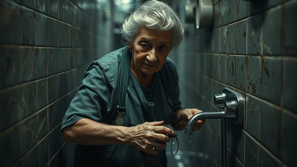 Resilience in Grime: Elderly Attendant Scrubs with Determina...