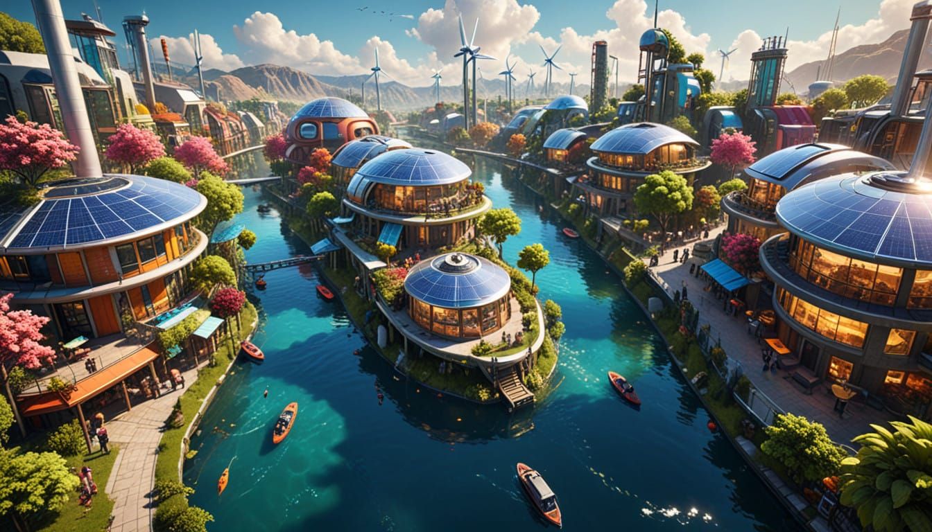 Vibrant Futuristic Solarpunk Town Unfolds with Sustainable H...
