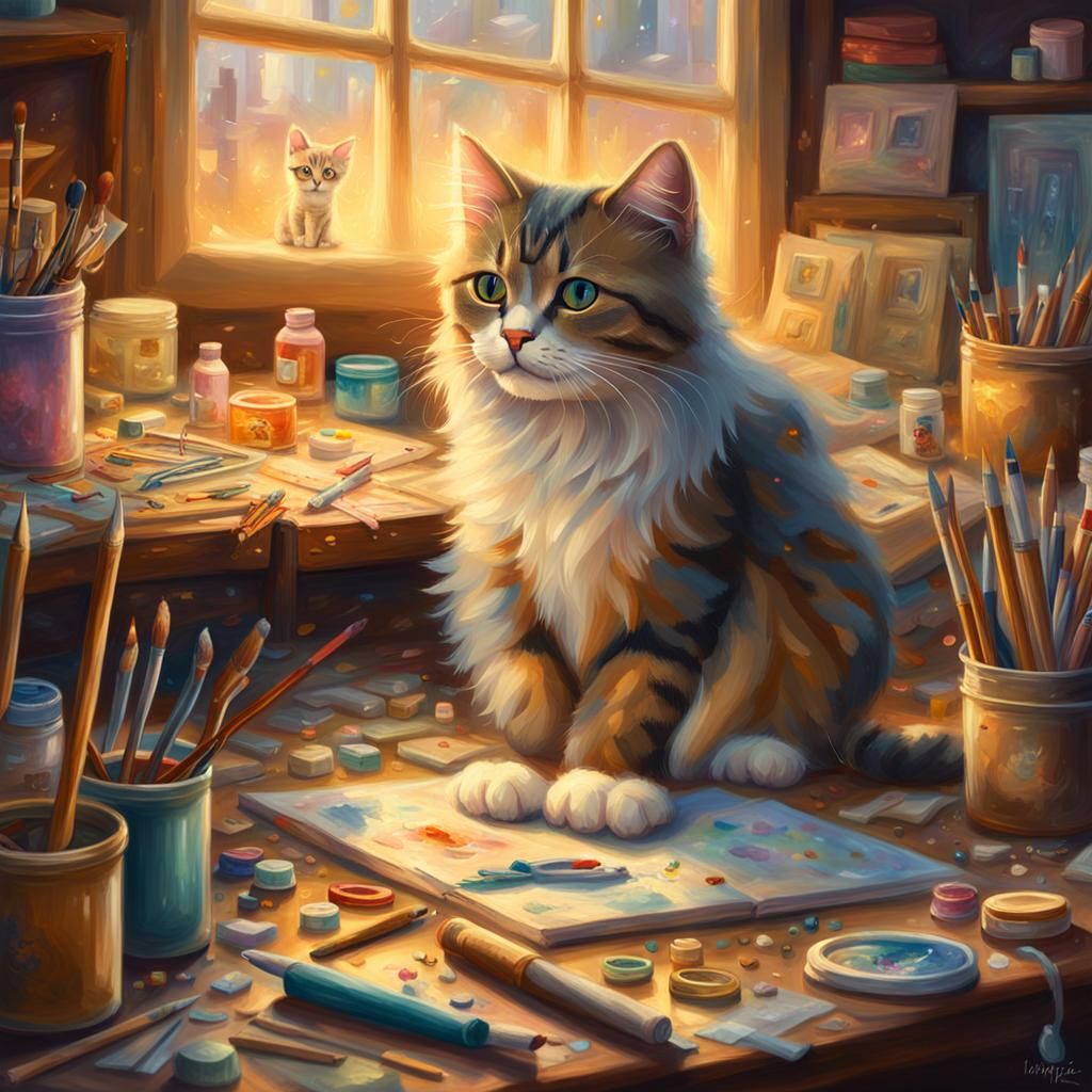 Bespectacled Cat in Mystical Art Studio: Dreamy Oil Painting