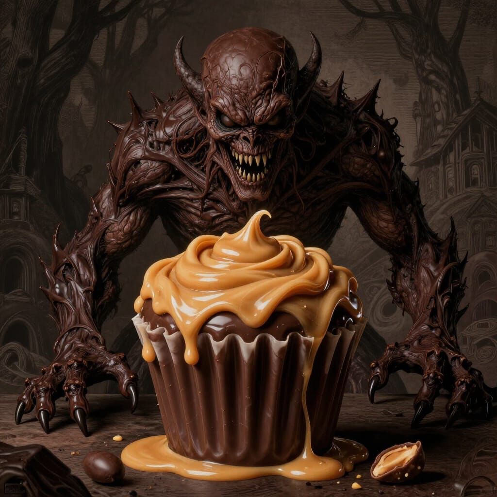 Grotesque Chocolate Peanut Butter Cup Monster in Dramatic En...