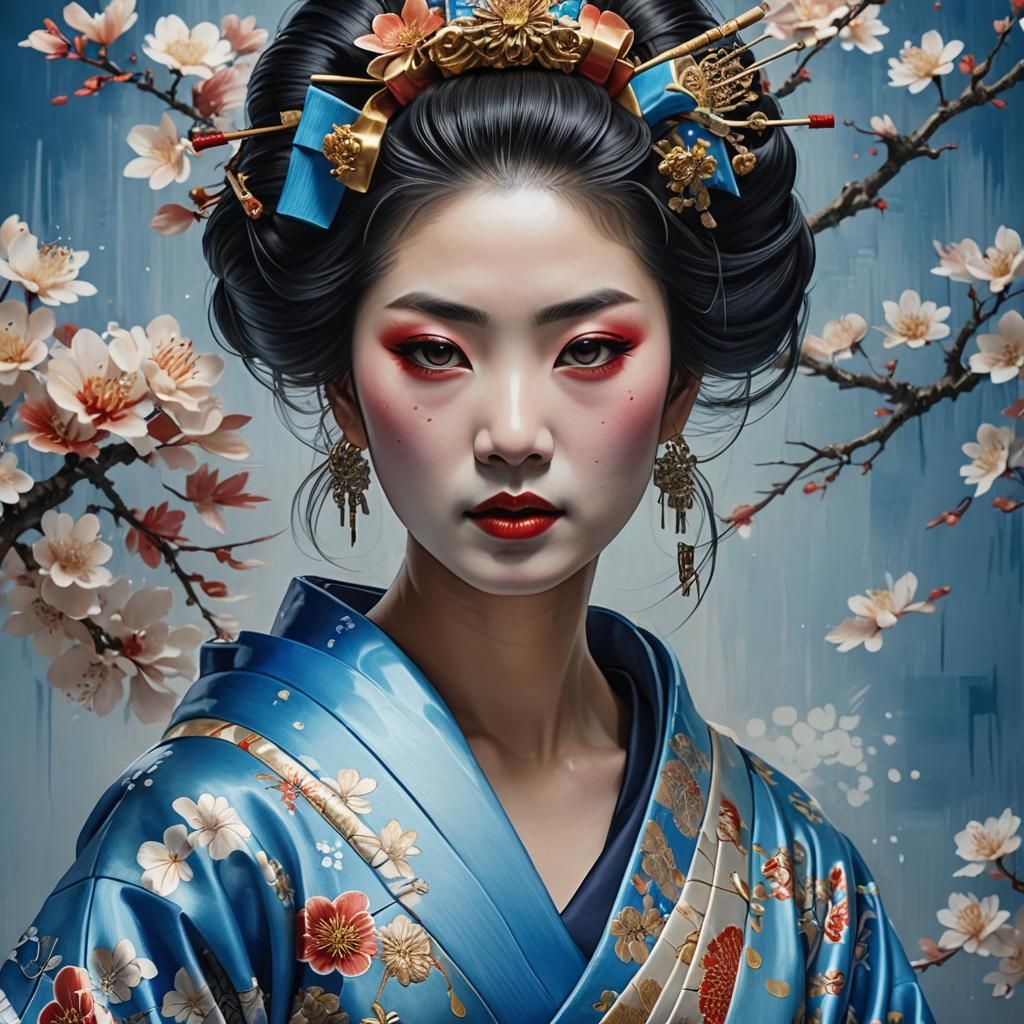 Stunning Geisha in Blue Kimono: Hyperrealistic Art