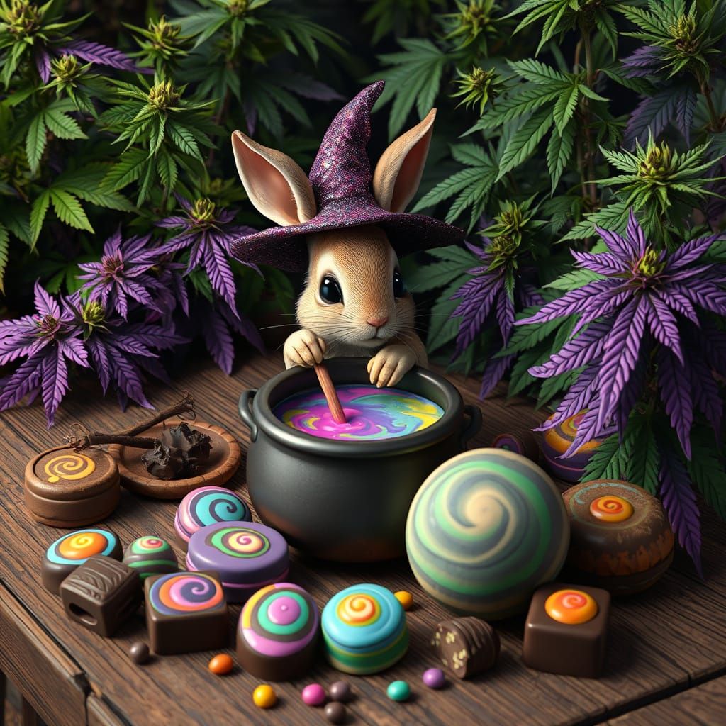 Whimsical Rabbit in a Witch's Spellbinding Cauldron Scene