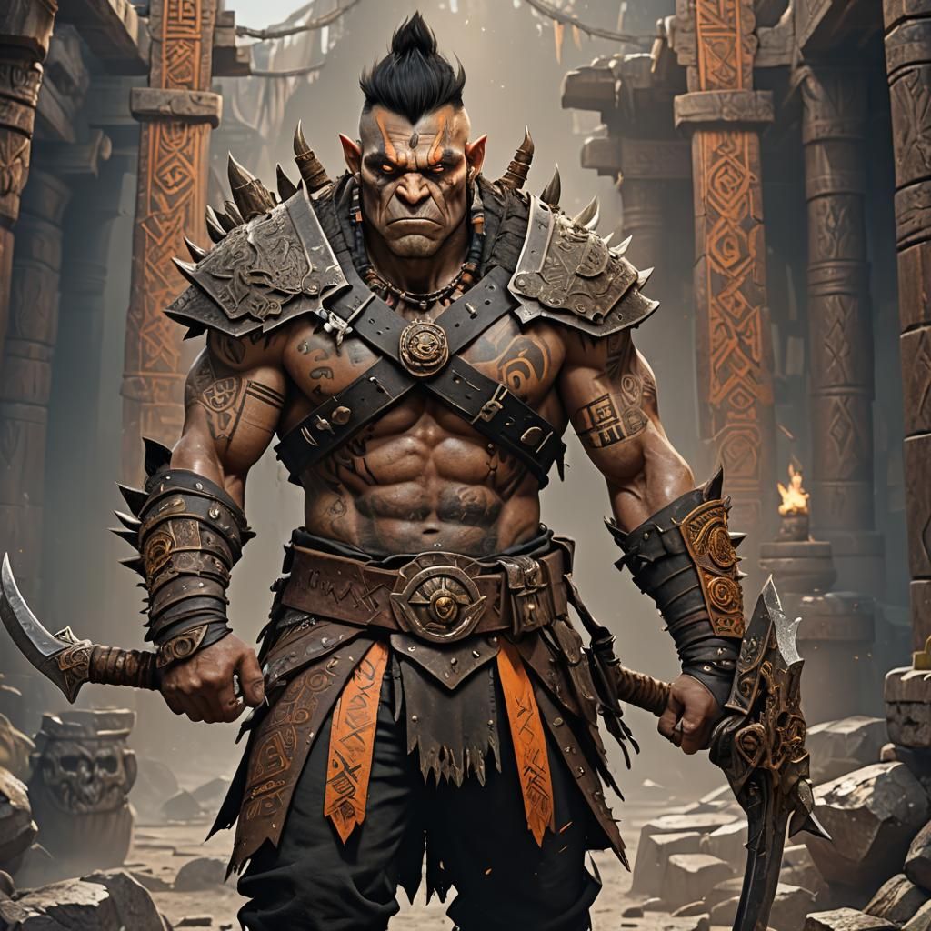 Half-Orc Barbarian with Aztec Sword: Fantasy Art