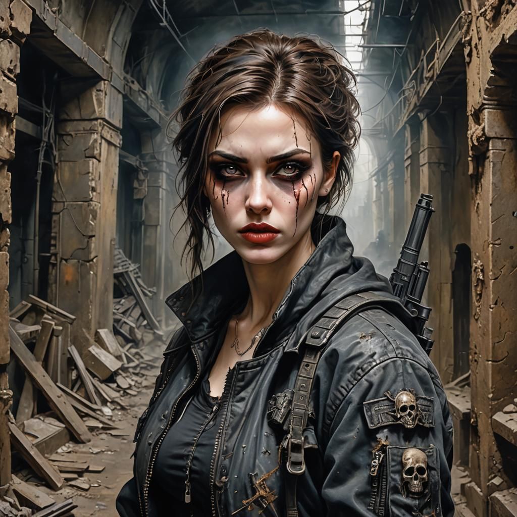 Post-Apocalyptic Woman in Paris Catacombs